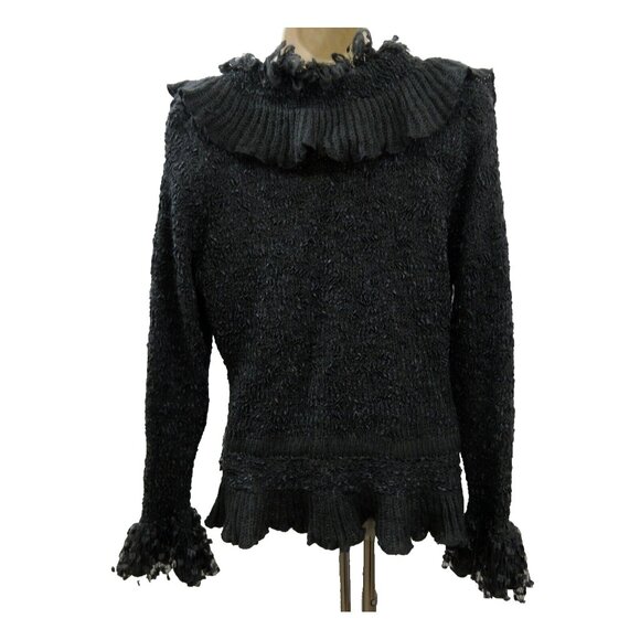Lisa Intl Cardigan Sweater PM Black Chenille Tie & Toggle Fringe Collar/Sleeves - Picture 2 of 9